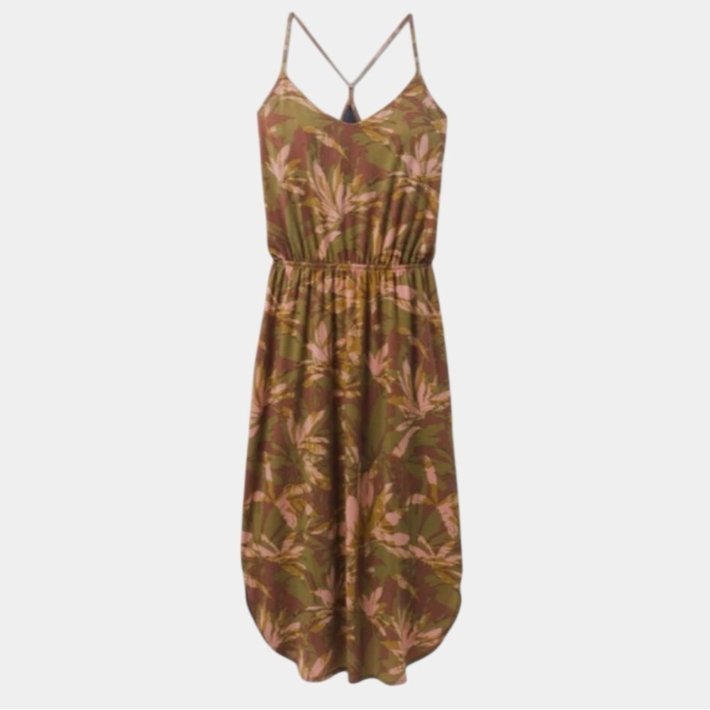 prAna Ayla Printed Midi Dress M Stretch Racerback Built-In Shelf Bra